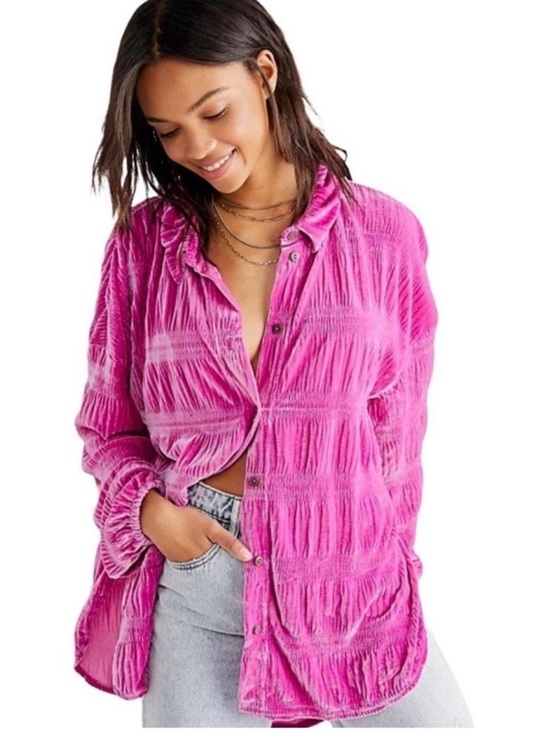 Free People Tops - Free People Crushed Velvet Button-Down Top in Fuchsia